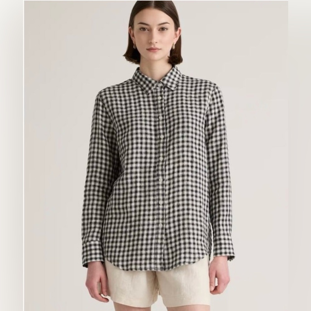 QUINCE Black and White Linen Long Sleeve Check Shirt
